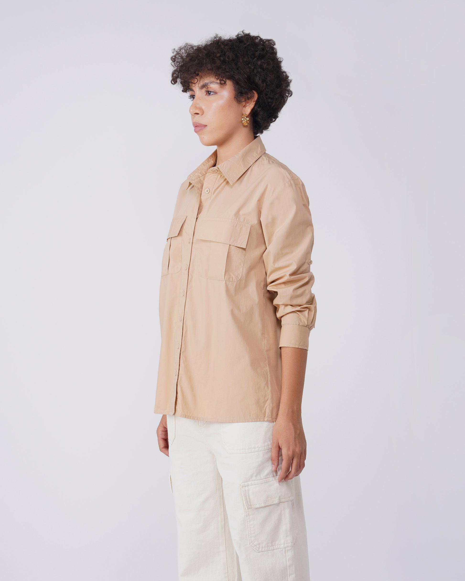 utility-pocket-shirt-beige,UTILITY-POCKET SHIRT,topwear,shirts,outdoor events,streetwear,woven,poplin,beige,solid,flap pocket, utility pocket,relaxed fit,regular,shirt collar,convertible sleeves,long sleeves