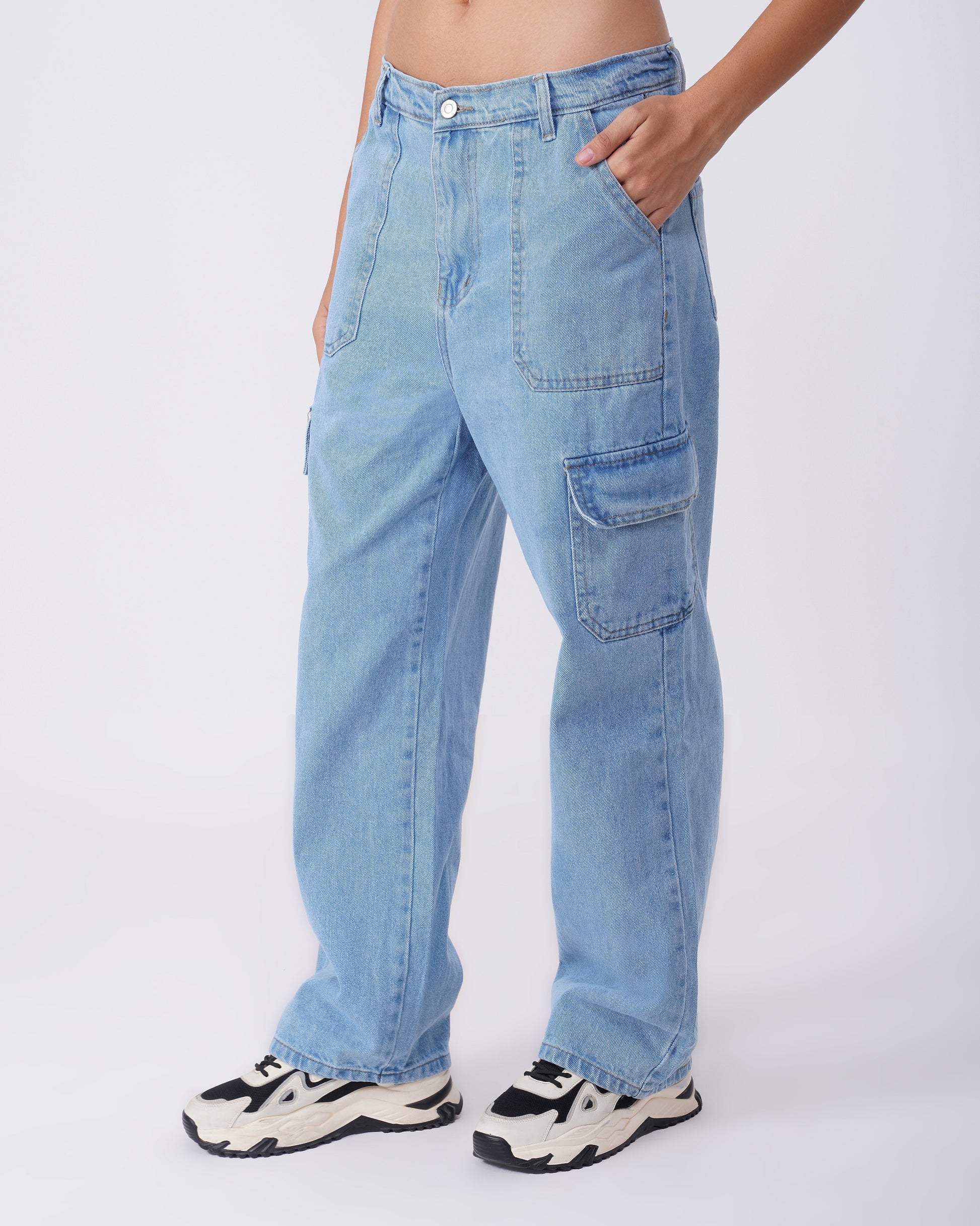 washed-cargo-jeans-light-blue,WASHED CARGO JEANS,bottomwear,jeans,casual,streetwear,woven,denim,washed jeans,light blue,flap pocket,relaxed fit,full length,high rise