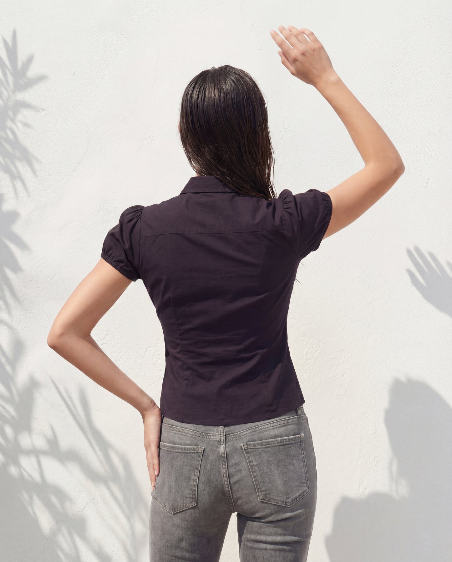 topwear,tops,casual, semi-formal,minimal, summer, timeless,woven,cotton,black,solid,ruched,button,slim fit,waist length,curved hem,collared,puff sleeves,OY1905	,25060005GG