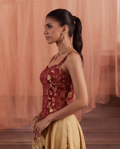 Red Wine Opulence Brocade Corset Top
