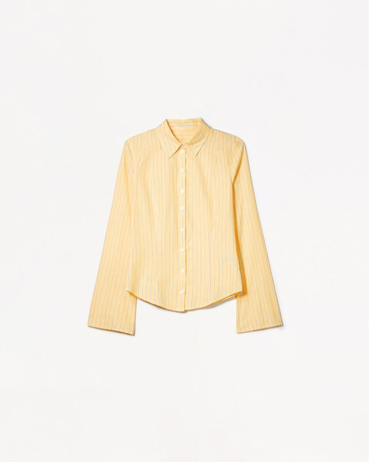 topwear,shirts,casual, semi-formal,minimal, streetwear,summer,woven,polycotton,light yellow,stripes,,slim fit,regular,curved hem,collared,flared sleeves,long sleeves	25040009GG, OY1021