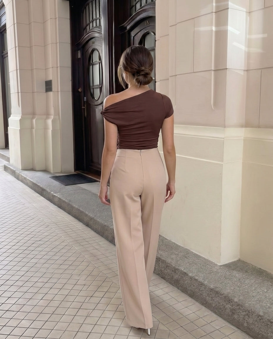Brown Knot Fitted Top and Corset Waist Pleated Pants