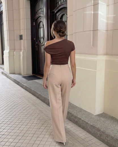 Brown Knot Fitted Top and Corset Waist Pleated Pants