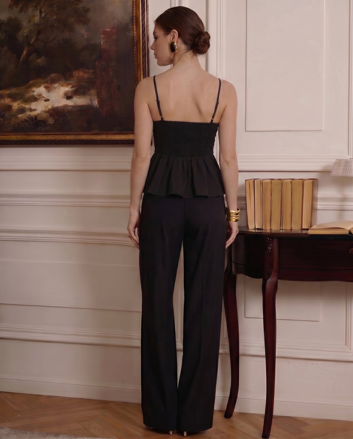 Black Pleated Spaghetti Top and Smocked Detail Korean Trousers