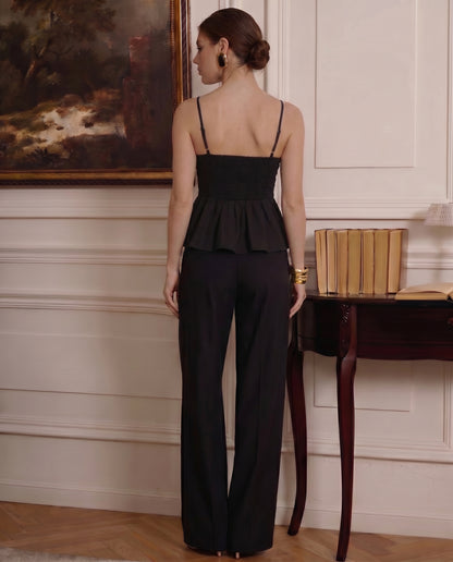 Black Pleated Spaghetti Top and Smocked Detail Korean Trousers