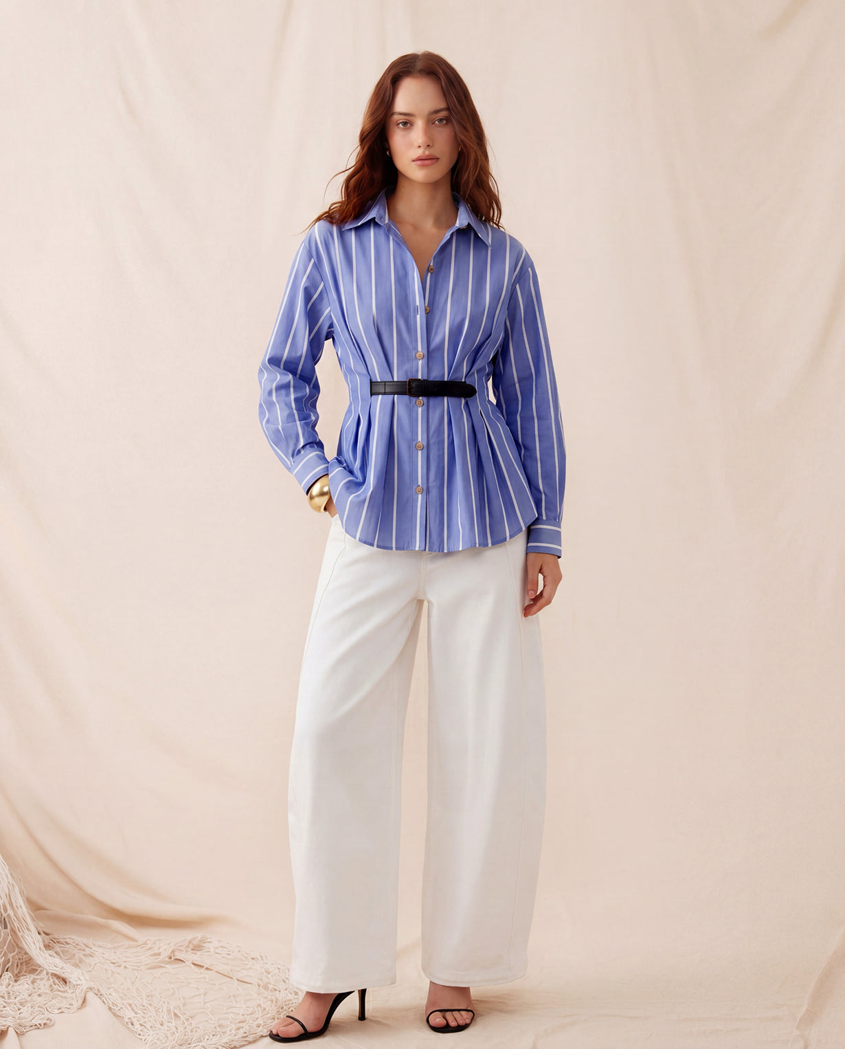 Blue Stripe Button Down Belted Shirt