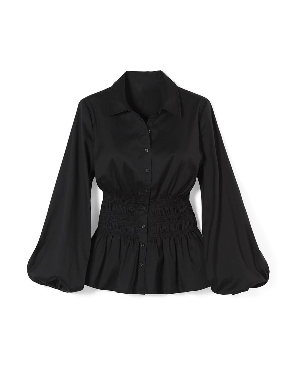 topwear,tops,casual, semi-formal, vacation,minimal, summer,woven,cotton,black,solid,smocked, ruched,button,relaxed fit,shirt,waist length,flared hem,collared,balloon sleeves,long sleeves, OY1910, 25060010GG