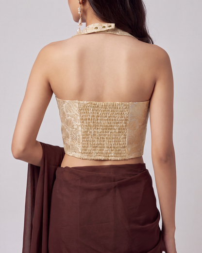 Ivory Banarasi Halter Brocade Saree Corset Blouse