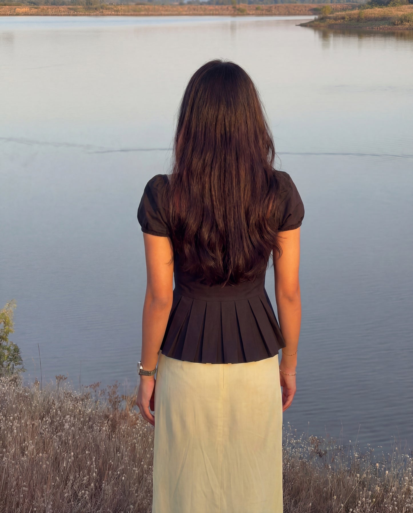 Black Button Up  Ruched Peplum Top