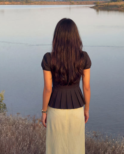 Black Button Up  Ruched Peplum Top