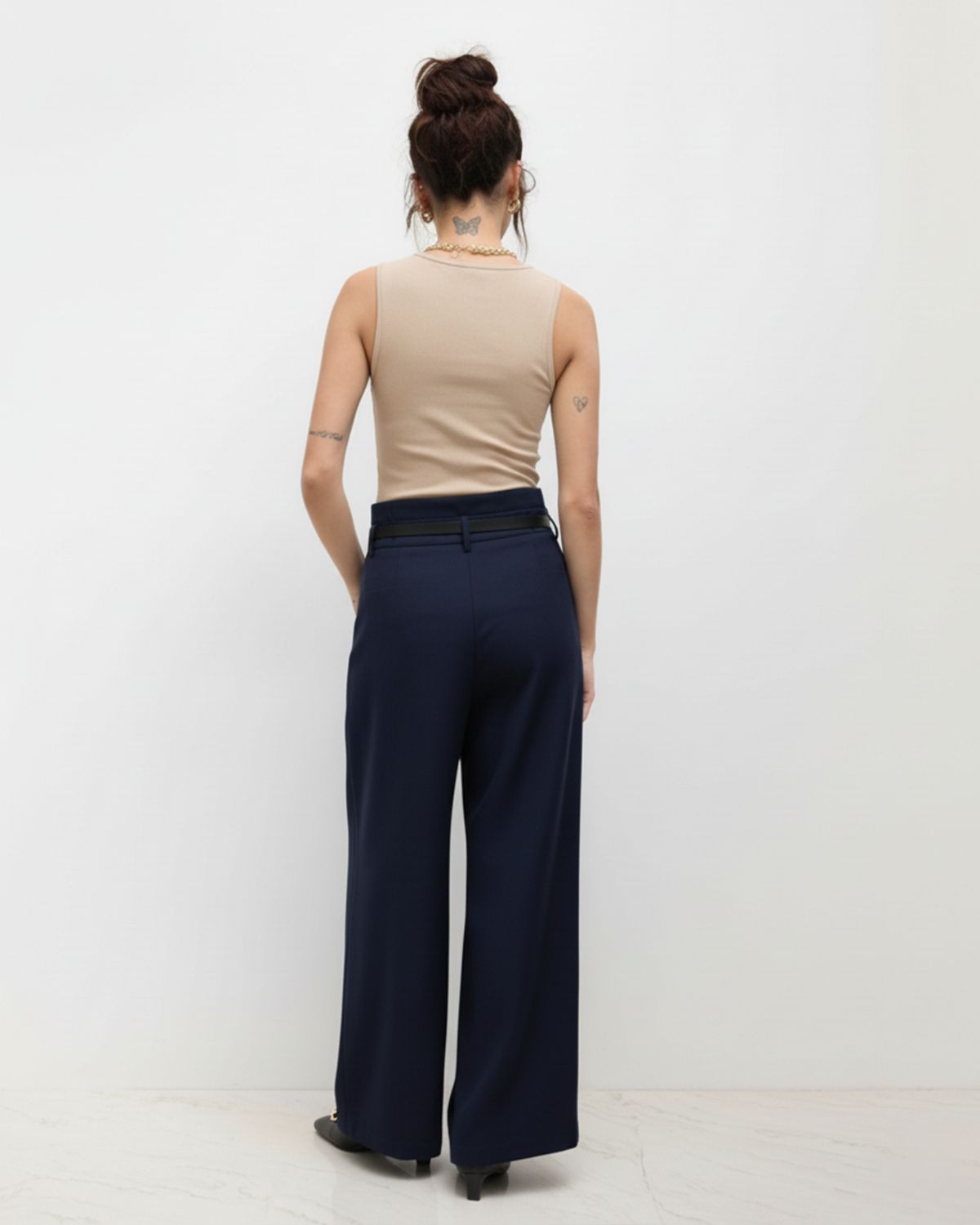 bottomwear,pants,semi-formal,business outfit,stretchable,polyester, spandex,navy blue,pleated,tailored fit,wide leg,full length,high rise, OY-959- NAVY, 25090075GG