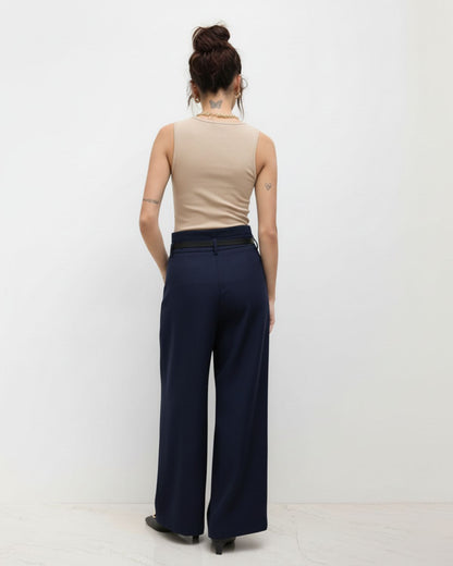 bottomwear,pants,semi-formal,business outfit,stretchable,polyester, spandex,navy blue,pleated,tailored fit,wide leg,full length,high rise, OY-959- NAVY, 25090075GG