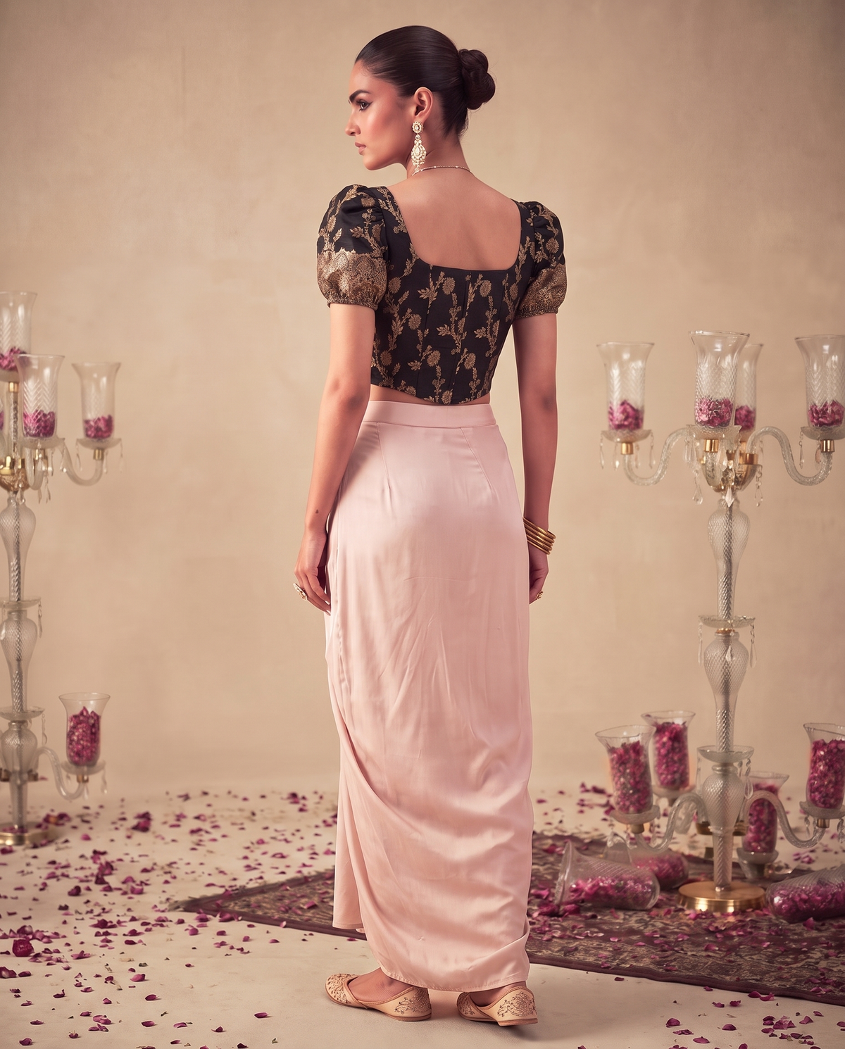 Set of 2 Black Puff Sleeves Brocade Corset Top & satin silk draped skirt