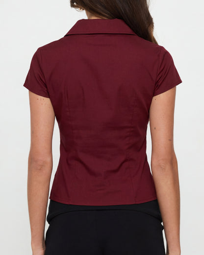 Burgundy Waist Fitted Cotton Shirt