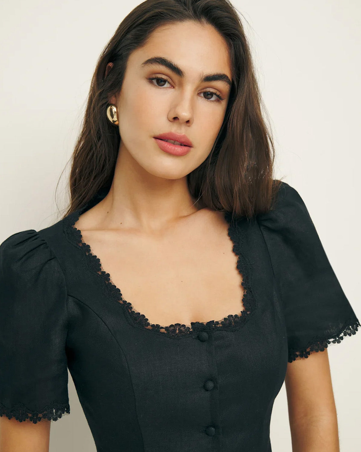 topwear,tops,casual, vacation, outdoor events,minimal, summer,woven,cotton,black,solid,lace,slim fit,fitted,waist length,scalloped hem,square neck,puff sleeves,short sleeves,OY1908, 25060008GG