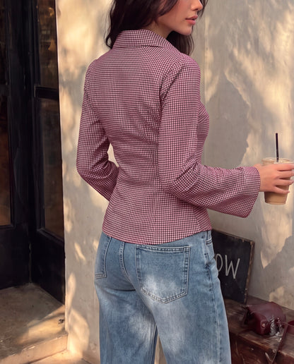 Burgundy Gingham Check Flared Sleeve Fitted Shirt