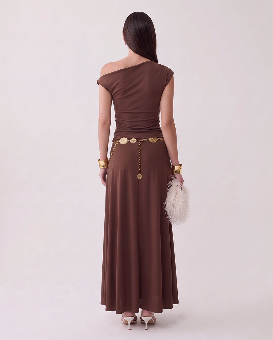 Brown Fitted Knot Shoulder Top & Skirt Set