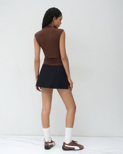 topwear,tops,casual, casual chic,bold, gen z,knitted, stretchable,ribbed,brown,solid,ruched,skinny fit,bodysuit,longline,curved hem,high neck,no straps,no sleeves,sleeveless, OY2158, 25080020GG