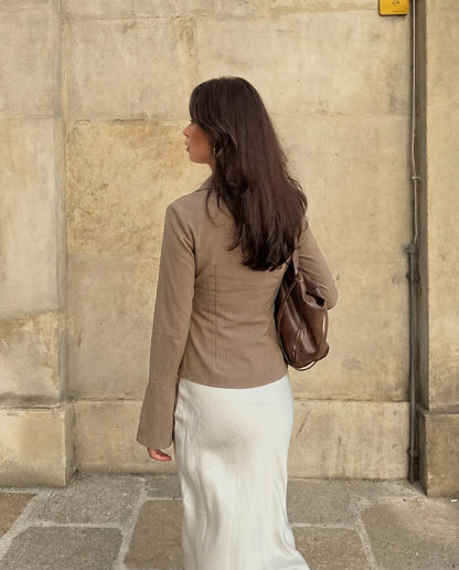 Pinstripes Flared Sleeves Shirt In Beige