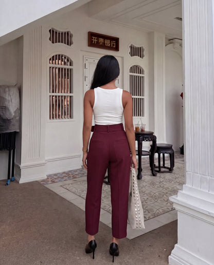 bottomwear,pants,formal, semi-formal,business outfit, urban fit, workwear,woven,polyester, spandex,maroon,pleated,belt,tailored fit,tapered,full lengthhig, h rise	25010046GG, OY942