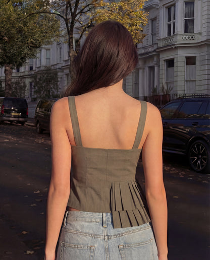 topwear,tops,casual, outdoor events,summer, streetwear,woven,cotton twill,,moss green,solid,pleated,zipper,tailored fit,fitted,waist length,asymmetric hem,square neck,shoulder strap,sleeveless,25040024GG, OY 1202