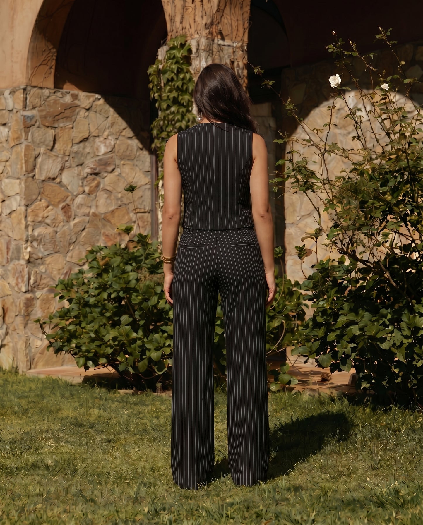 Pinstripe Vest and Wide-Leg Trousers Suit Set