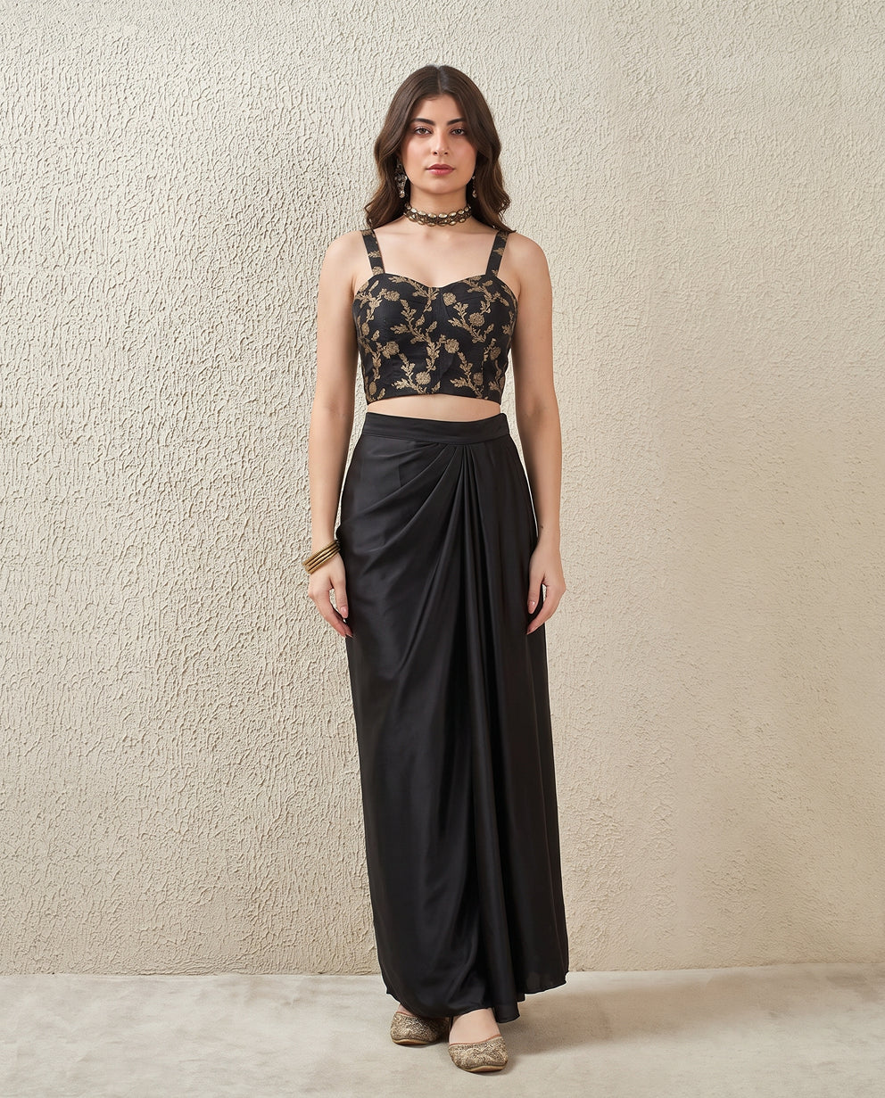 Satin Silk Draped Skirt - Black