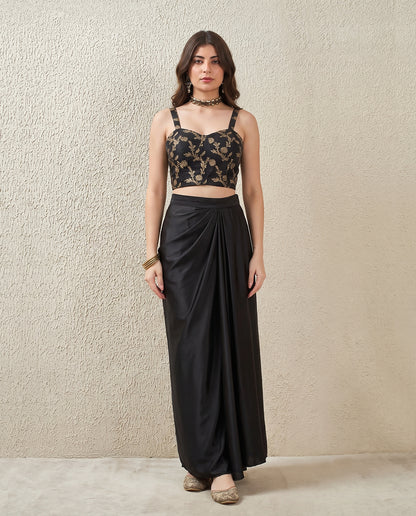 Satin Silk Draped Skirt - Black