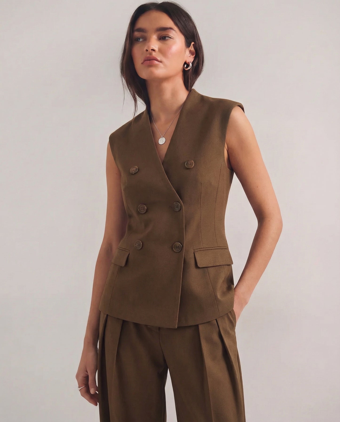 coord sets,bottomwear, topwear,formal, semi-formal, summer,urban fit, genz, minimal,woven,cotton twill,,,brown,solid,double breasted,buttons,regular fit top,waistcoat,longline top,straight hem,v neck,no straps ,no sleeves,sleeveless,button up top,pants,wide leg pants,full length,straight hem,mid rise waist,side pockets,OY3056, 25070026GG