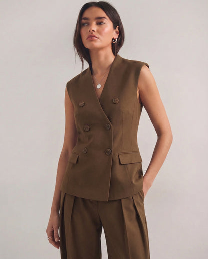 coord sets,bottomwear, topwear,formal, semi-formal, summer,urban fit, genz, minimal,woven,cotton twill,,,brown,solid,double breasted,buttons,regular fit top,waistcoat,longline top,straight hem,v neck,no straps ,no sleeves,sleeveless,button up top,pants,wide leg pants,full length,straight hem,mid rise waist,side pockets,OY3056, 25070026GG
