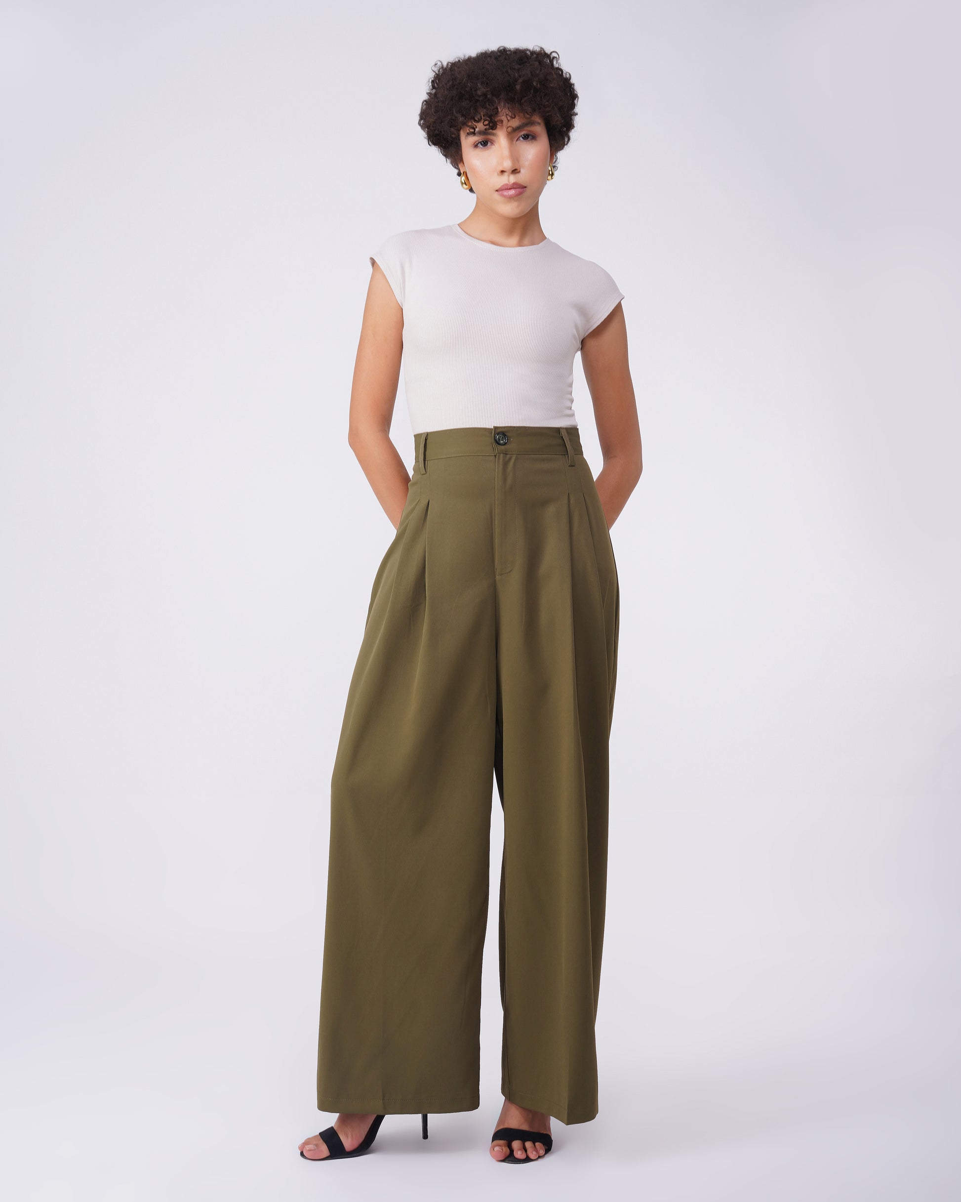 TWO PLEATED PANTS,Color: Olive Green
Fabric: Moss 
Type: Wide Leg
Fit: Relaxed Fit 
Length: Full Length
Waist: High Rise
Closure: Zip & Button
Print: Solid
Detail: Two Pleats,bottomwear,pants,semi-formal,workwear,woven,moss,olive green,pleated,Relaxed fit,wide leg,full length,high rise,Manufacturing batch1_June19,suited for influencer,two-pleated-pants-olive-green