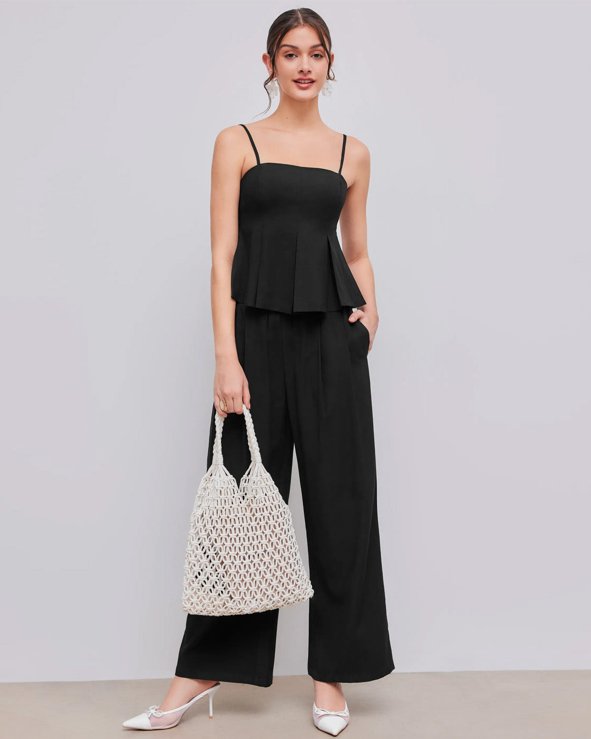 topwear,tops,casual, vacation, outdoor events,minimal, sophisticated, summer,woven,cotton twill,black,solid,pleated,tailored fit,fit and flare,waist length,straight hem,cami neck,spaghetti strap,sleeveless	OY1919, 25060024GG