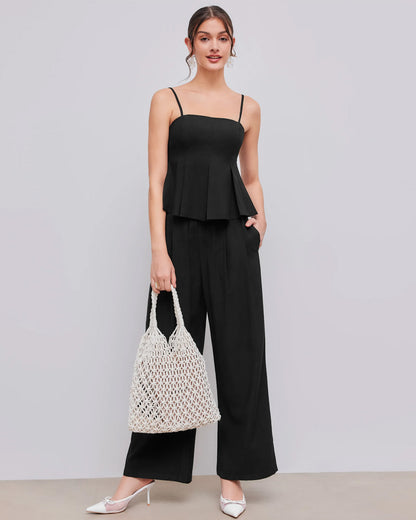 topwear,tops,casual, vacation, outdoor events,minimal, sophisticated, summer,woven,cotton twill,black,solid,pleated,tailored fit,fit and flare,waist length,straight hem,cami neck,spaghetti strap,sleeveless	OY1919, 25060024GG