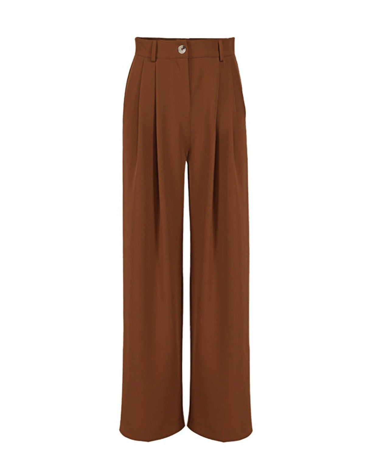 PLEATED SOLID PANTS,Color: Rust
Fabric: 95% poly 5% spandex
Fit: Relaxed Fit 
Length: Full Length(41")
Waist: High Rise 
Closure: Zip & Button
No. of Pockets: 2
Print: Solid,pants,bottomwear,pants,semi-formal,workwear,stretchable,polyester, spandex,rust,pleated,relaxed fit,wide leg,full length,high rise