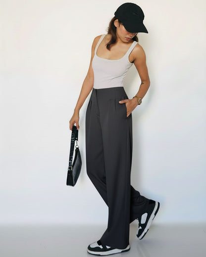 bottomwear,trousers,semi-formal,workwear,stretchable,polyester, spandex,grey,pleated,relaxed fit,wide leg,full length,high rise, OY963- dark grey ,25090079GG