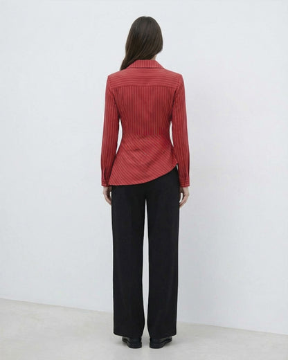 Red Pinstripe Asymmetric Hem Shirt