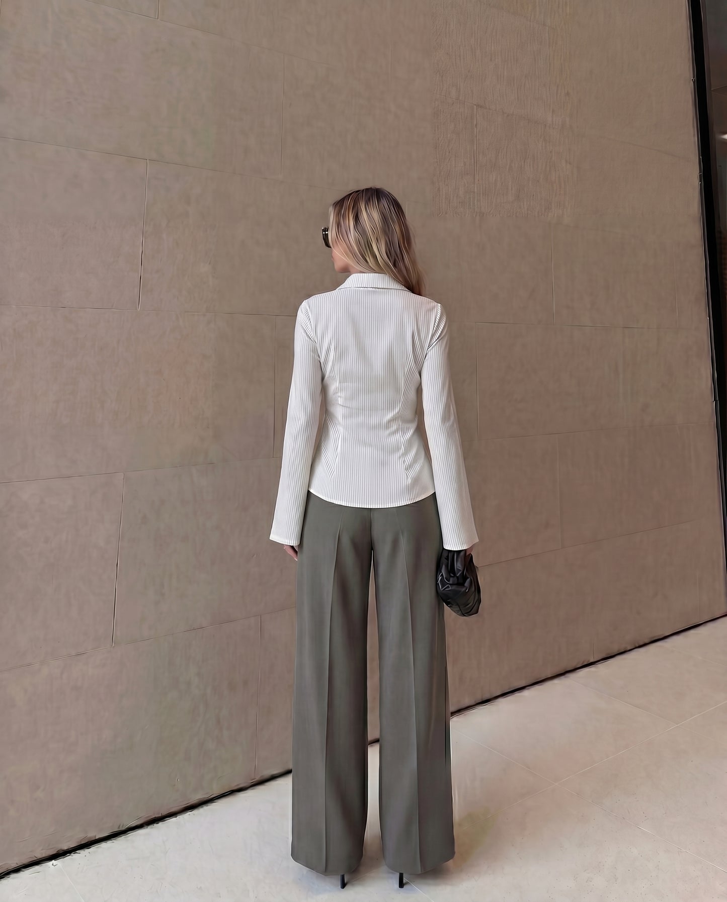 White Pinstripes Flared Shirt and Corset Waist Pleated Pants