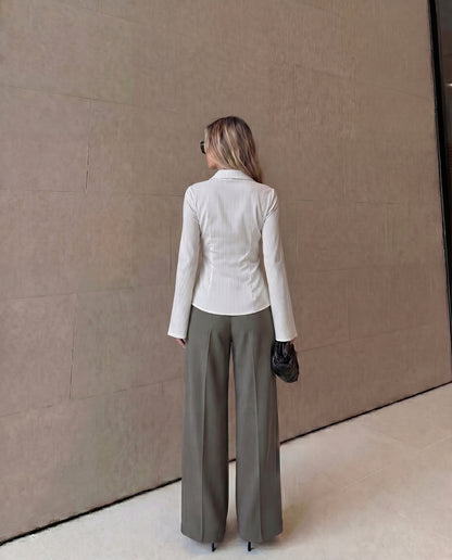 White Pinstripes Flared Shirt and Corset Waist Pleated Pants
