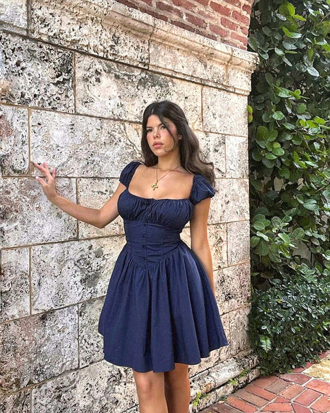 NAVY FIT & FLARE CORSET DRESS