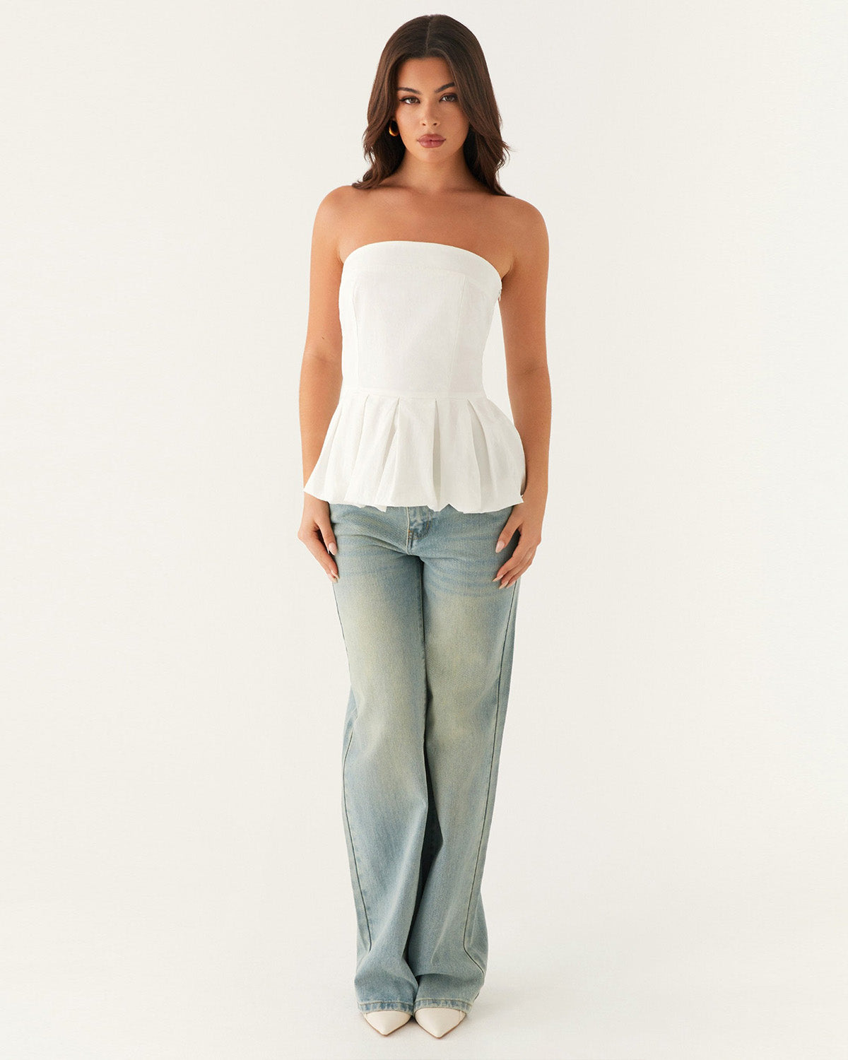topwear,tops,casual, vacation, outdoor events,bold, glam, minimal, summer,woven,cotton,white,solid,pleated,skinny fit,balloon top,waist length,bubble hem,off shoulder,sleeveless, OY1913, 25060016GG
