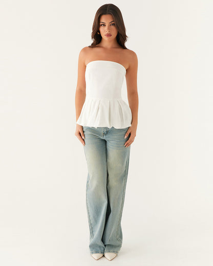 topwear,tops,casual, vacation, outdoor events,bold, glam, minimal, summer,woven,cotton,white,solid,pleated,skinny fit,balloon top,waist length,bubble hem,off shoulder,sleeveless, OY1913, 25060016GG
