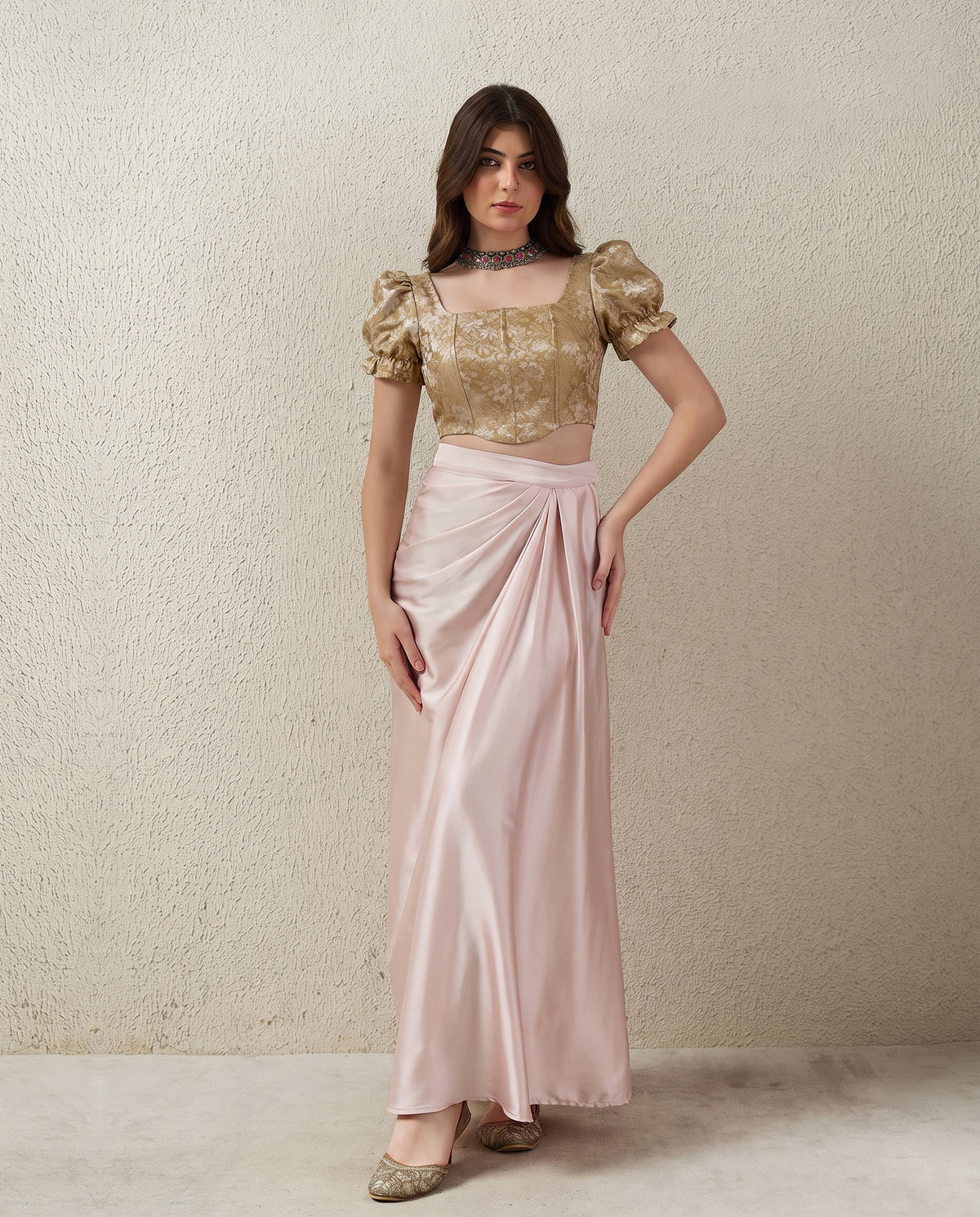 Gold Puff Sleeves Brocade Corset Top