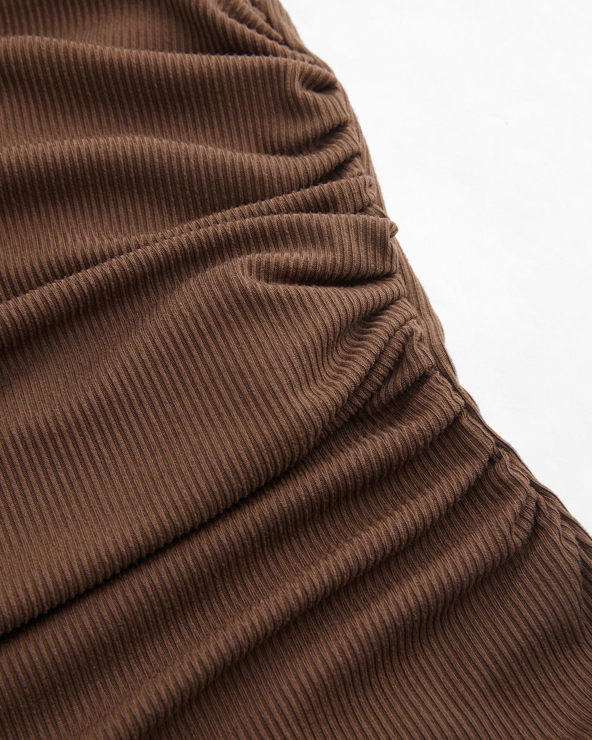 topwear,tops,casual chic, vacation,gen z, glam, summer,knitted, stretchable,ribbed,brown,solid,ruched,skinny fit,bodysuit,longline,crew neck,no straps,set in sleeves,long sleeves	25080015GG, oy1253