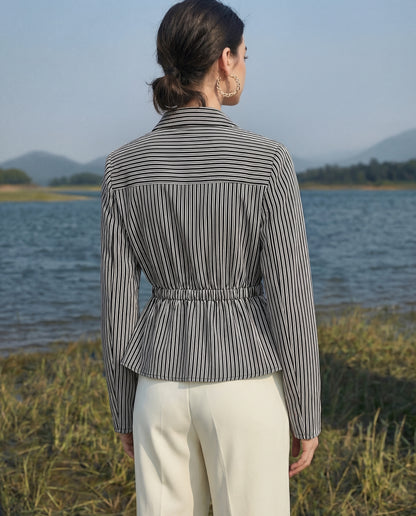 Black pinstripe shirt for women's office wear with tailored fit and breathable fabric, effortless styling for full day comfort