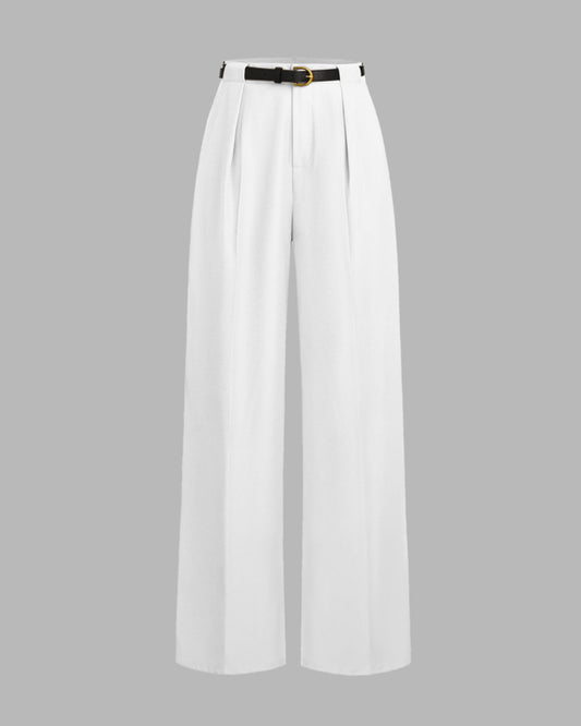 bottomwear,pants,semi-formal,workwear,stretchable,polyester, spandex, white,pleated,tailored fit,wide leg,full length,high rise, 25080013GG, OY975