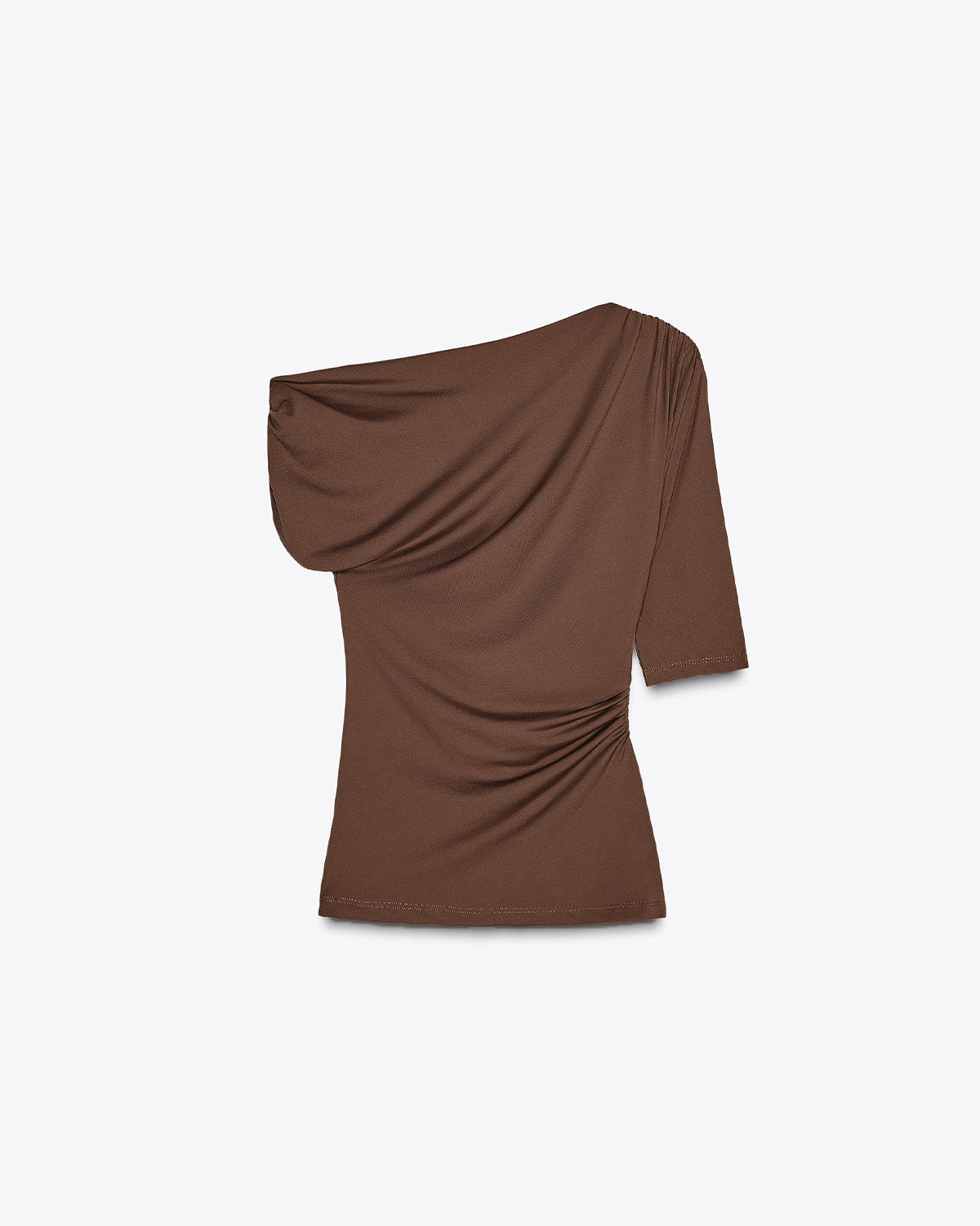 topwear,tops,casual, casual chic,glam, summer,knitted, stretchable,ribbed,brown,solid,gathered,golden trims,skinny fit,fitted,longline,straight hem,asymmetric neck,no straps,one shoulder,short sleeves	OY2151, 25080005GG