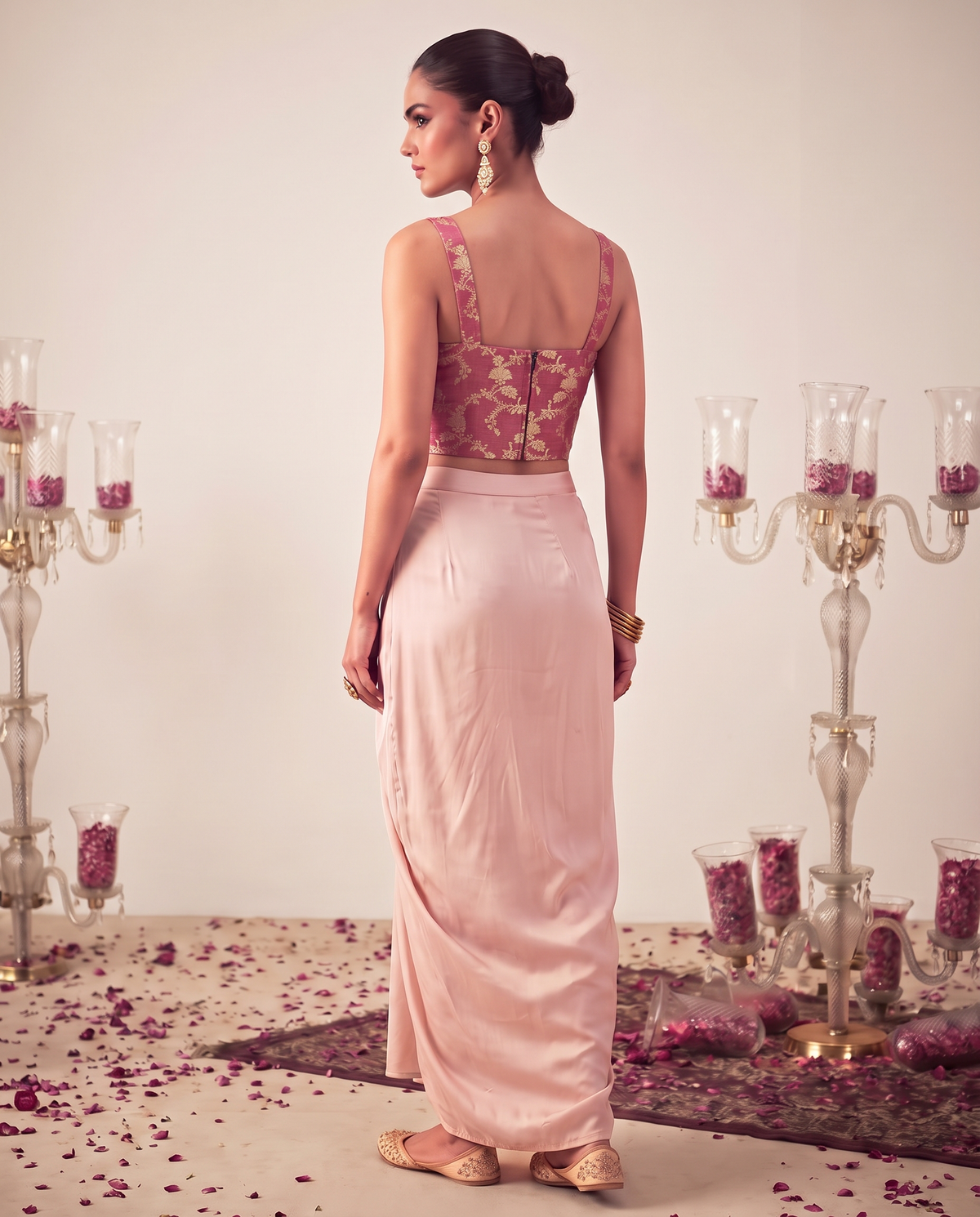 Light Pink Brocade Top and Satin Skirt Set