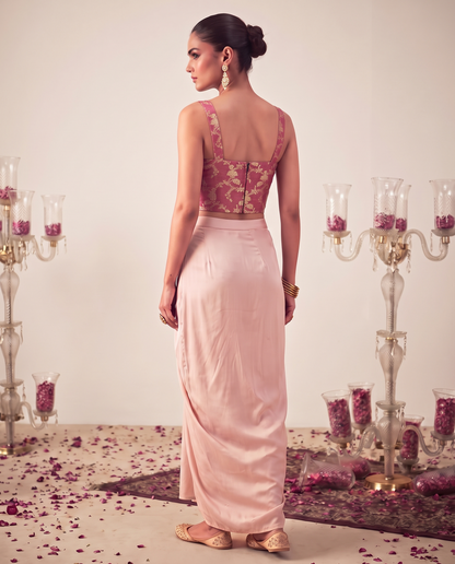 Light Pink Brocade Top and Satin Skirt Set