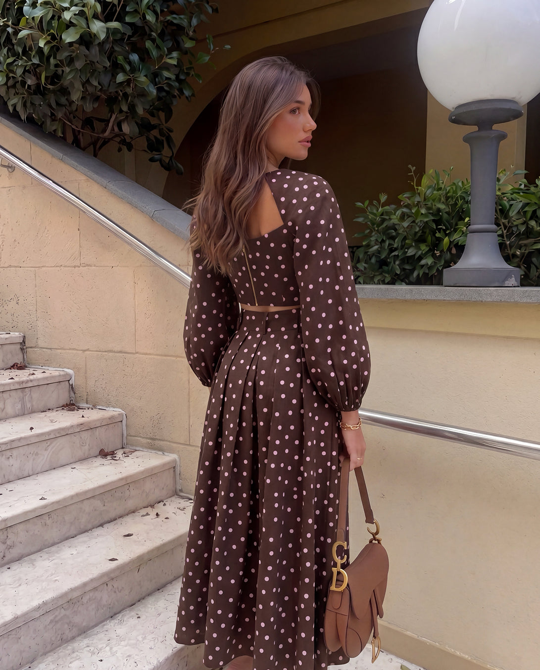 Mocha Brown Polka Co-Ord Set with Billowy Silhoutte