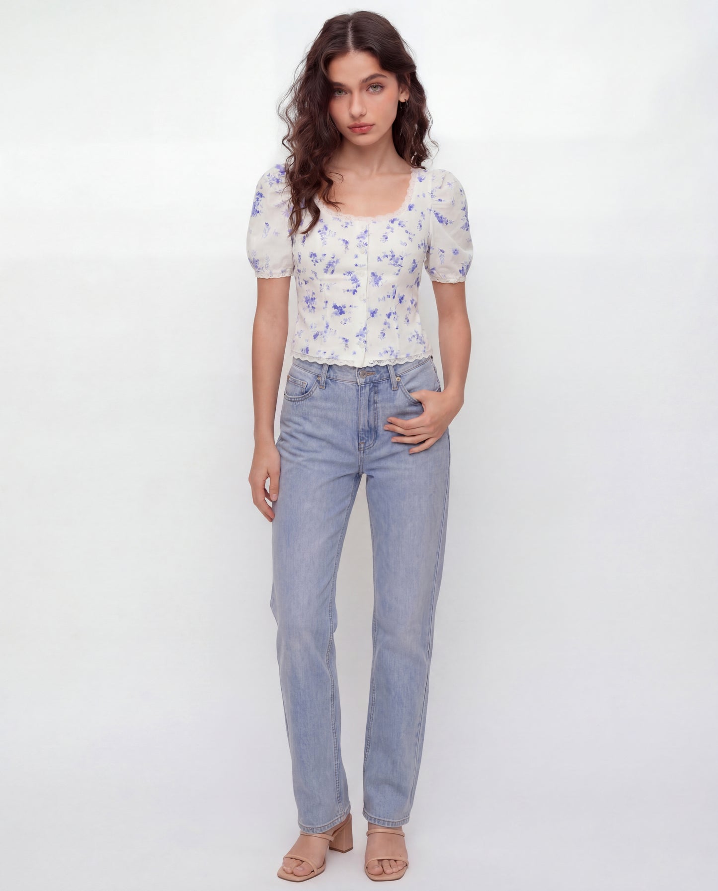 White Florals Lace-Trim Fitted Button-Up Top
